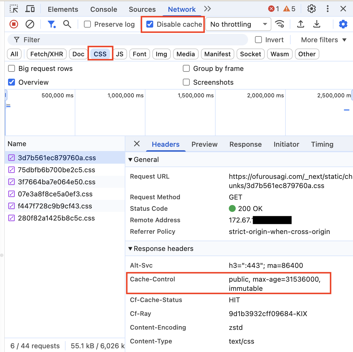 DevToolsのNetworkタブでcache-controlヘッダーを確認している画面